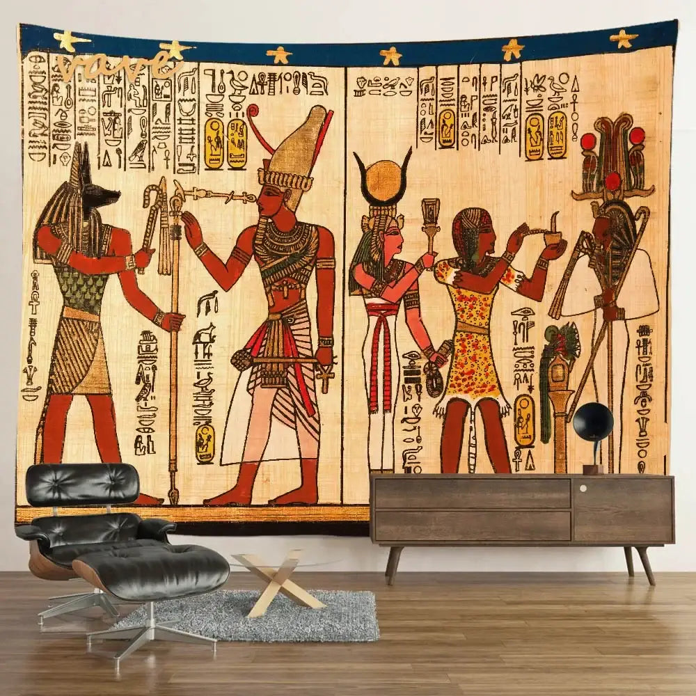 Egyptian mandala tapestry wall hanging featuring hieroglyphics and figures in warm earth tones with blue and gold border