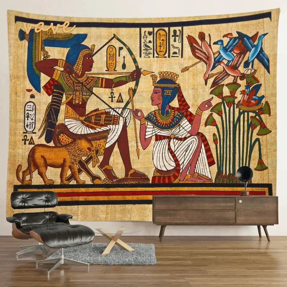 Egyptian mandala tapestry wall hanging in blue and gold featuring vibrant colors and intricate hieroglyphic warrior designs