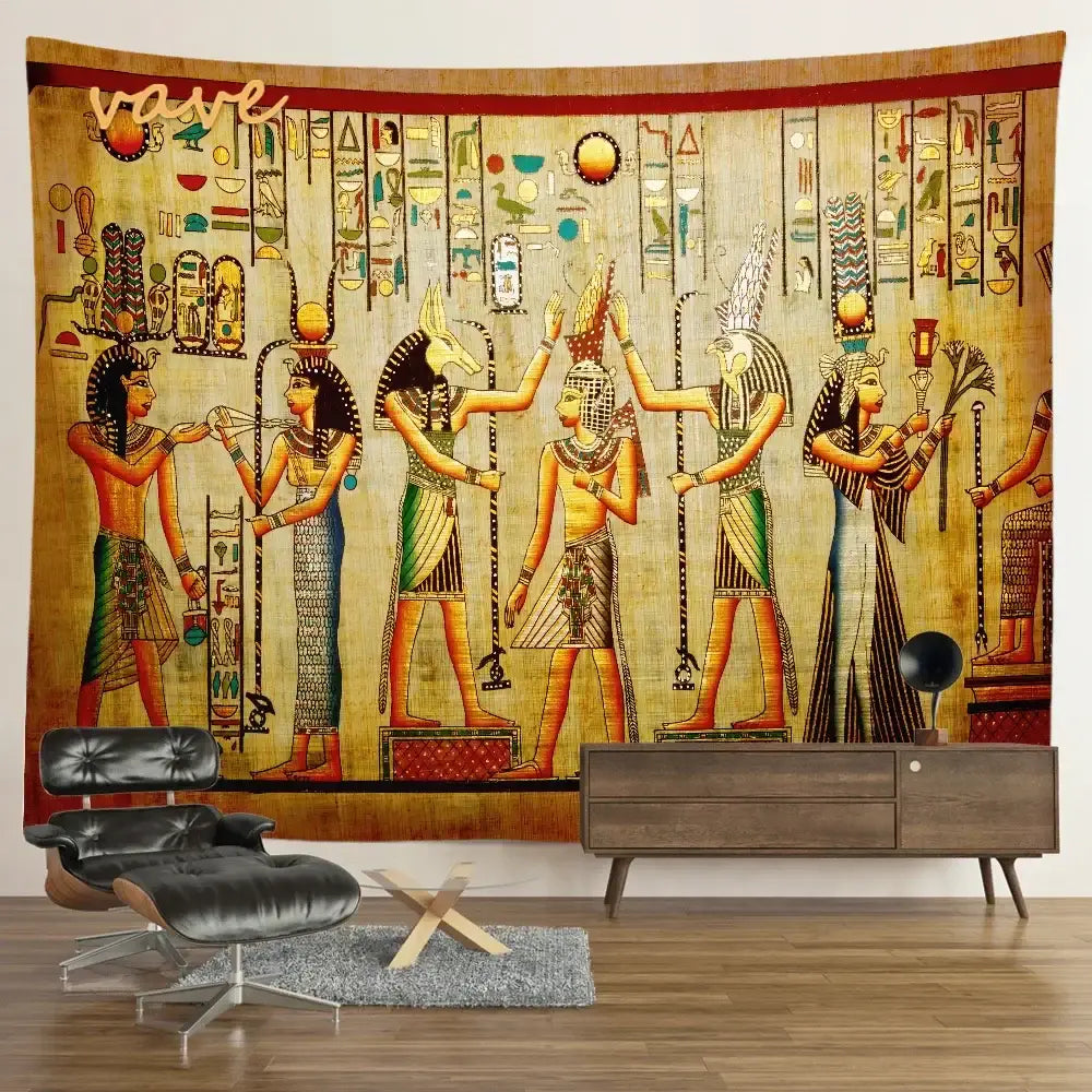 Egyptian mandala tapestry wall hanging with gold red green and blue hieroglyphics on textured beige background for bedroom decor