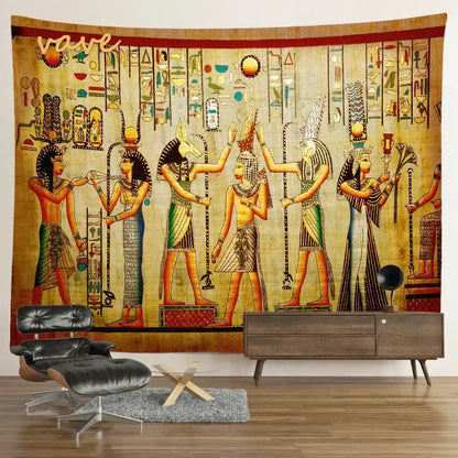 Egyptian mandala tapestry wall hanging with gold red green and blue hieroglyphics on textured beige background for bedroom decor