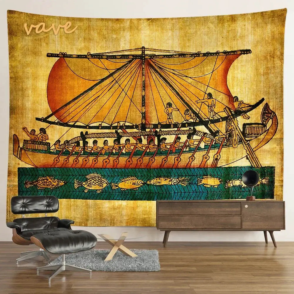 Vintage-style egyptian mandala tapestry wall hanging featuring a golden ancient ship with orange sails on parchment background