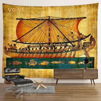 Vintage-style egyptian mandala tapestry wall hanging featuring a golden ancient ship with orange sails on parchment background
