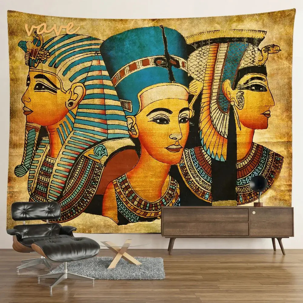 Vintage-style egyptian mandala tapestry wall hanging featuring stylized pharaohs in blue and gold for bedroom decor