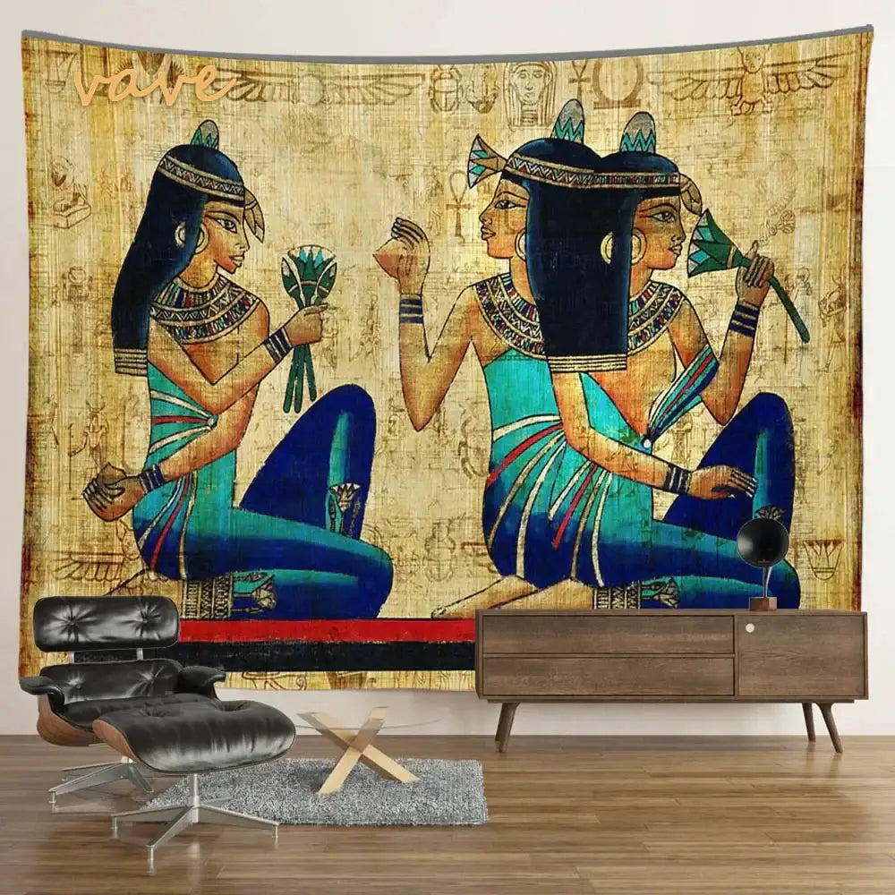 Egyptian mandala tapestry wall hanging featuring two women in blue and teal with gold accents on beige background