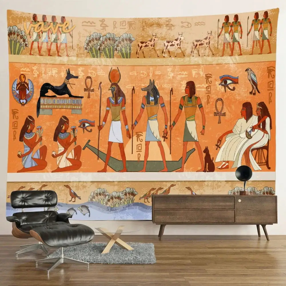 Egyptian mandala tapestry wall hanging in vibrant orange and beige featuring hieroglyphs and deities for bedroom decor