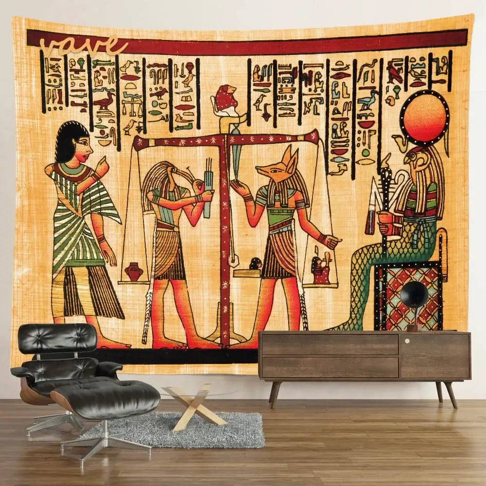 Egyptian mandala tapestry wall hanging with vibrant blue and gold hieroglyphic designs on textured beige background