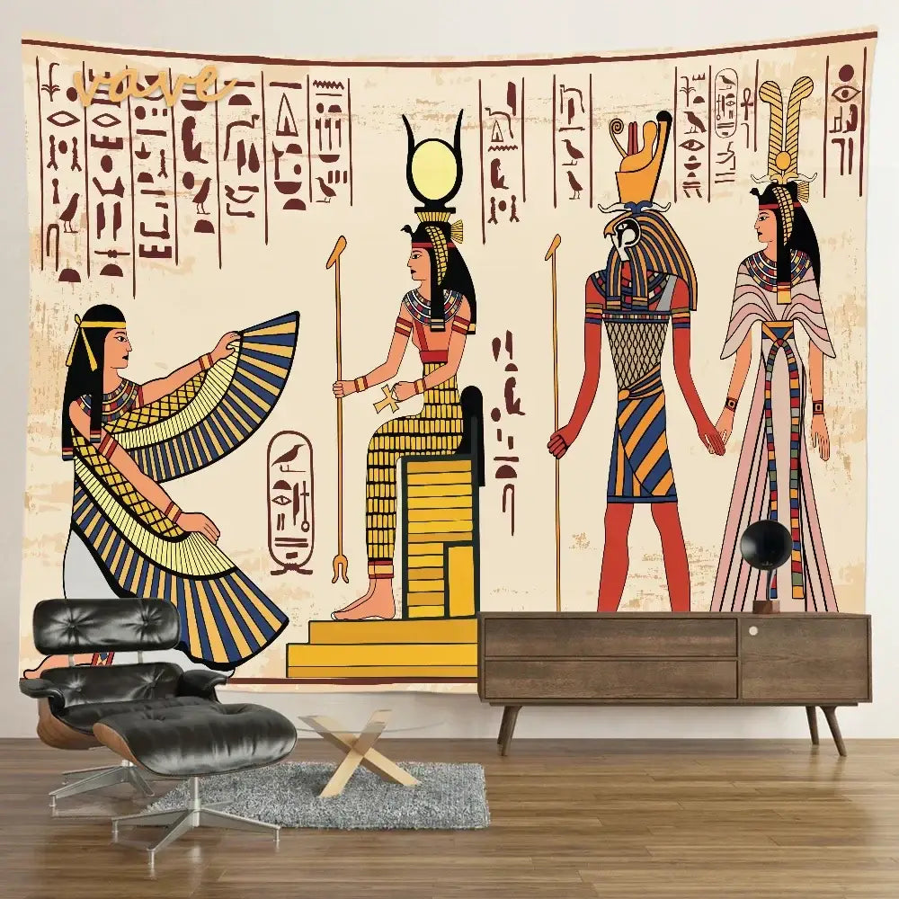 Egyptian mandala tapestry wall hanging in blue and gold features stylized figures and hieroglyphic patterns on beige background