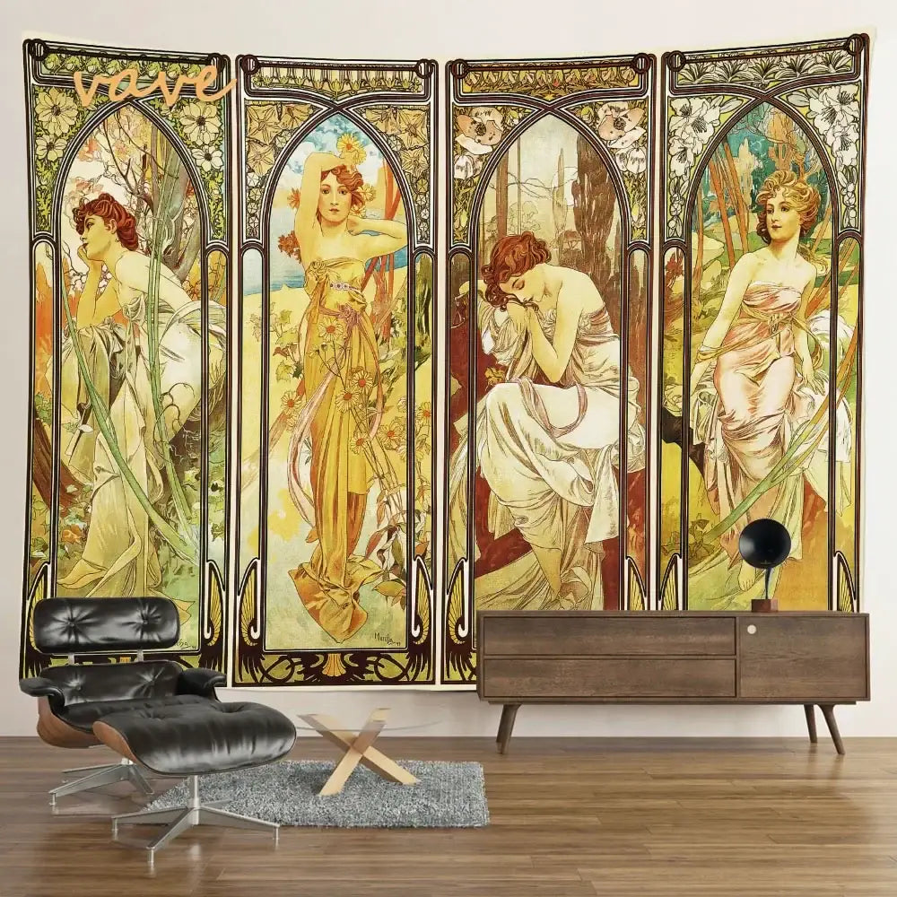 Art nouveau four-panel mandala tapestry wall hanging with elegant female figures in cream gold and pale pink tones