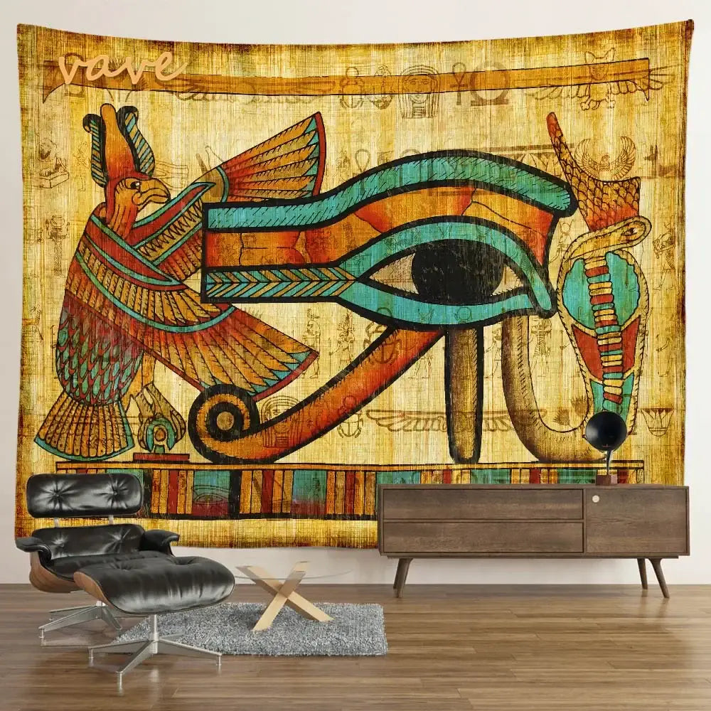 Vare brand egyptian mandala tapestry wall hanging with vibrant orange teal and gold hues on textured fabric background
