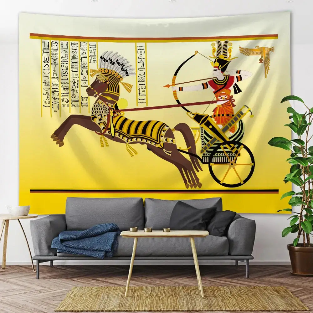 A vibrant yellow egyptian psychedelic murals tapestry featuring a warrior on horseback with hieroglyphic text