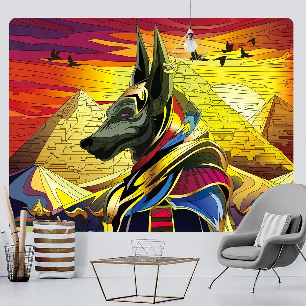 Vibrant egyptian psychedelic murals tapestry featuring green anubis in golden regalia with pyramids and sunset backdrop