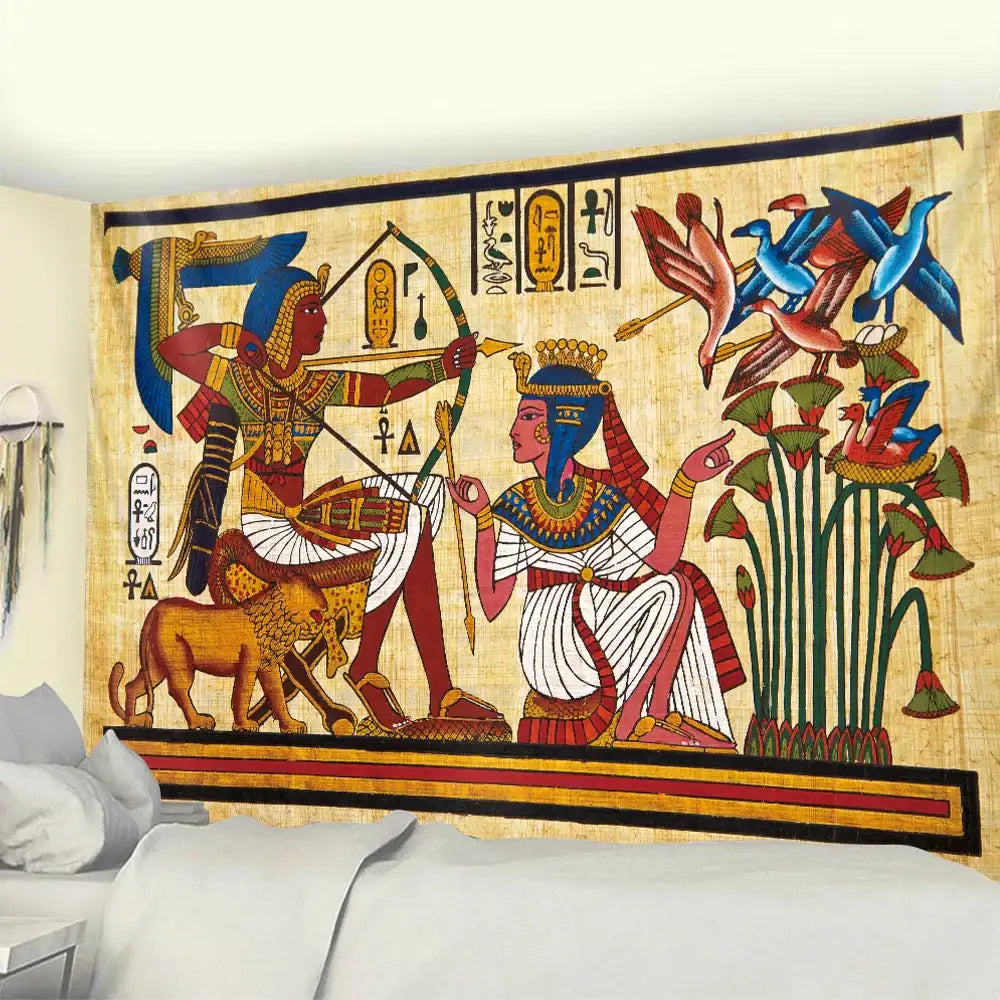 Egyptian psychedelic murals tapestry featuring vibrant red blue and gold hues with hieroglyphics on textured beige background