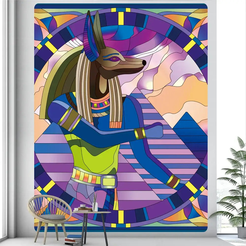Vibrant egyptian psychedelic murals tapestry featuring stained-glass style anubis with purple blue green and gold hues