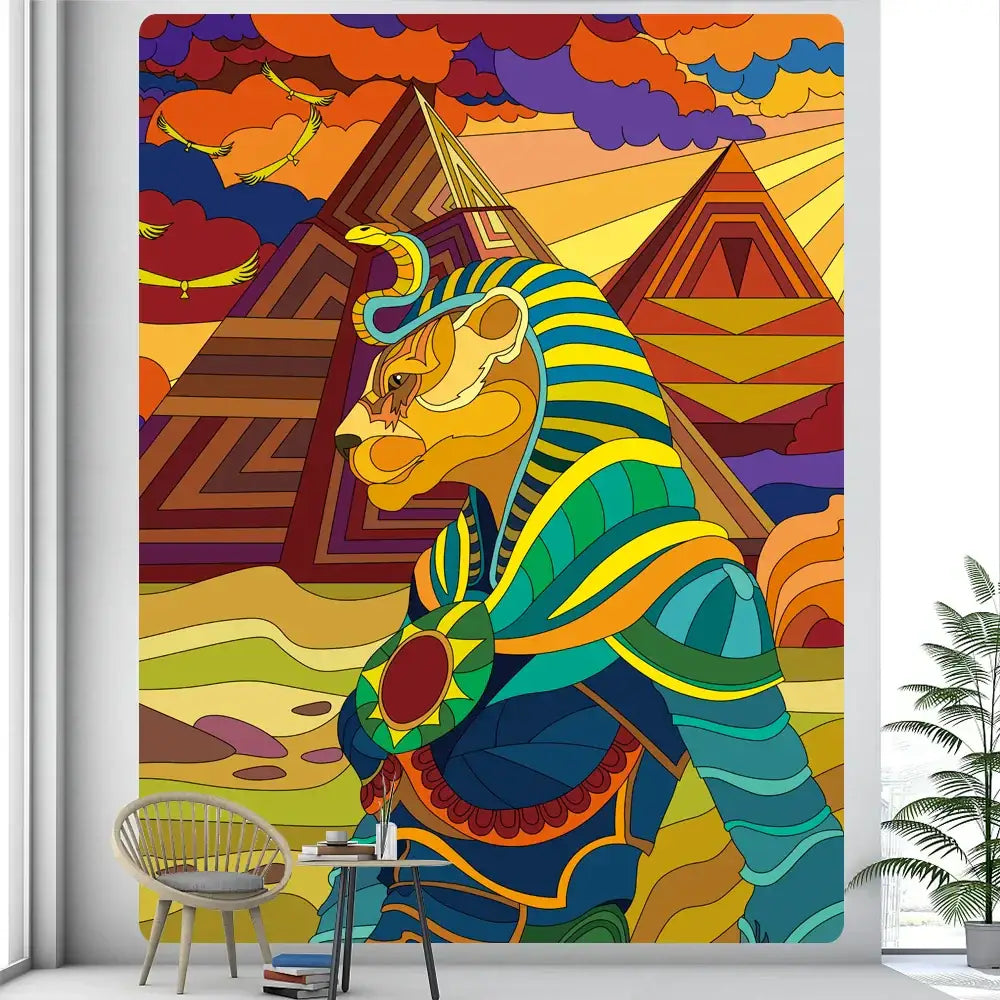 Vibrant egyptian psychedelic murals tapestry featuring a lion-headed figure in blue and yellow stripes with colorful pyramid backdrop