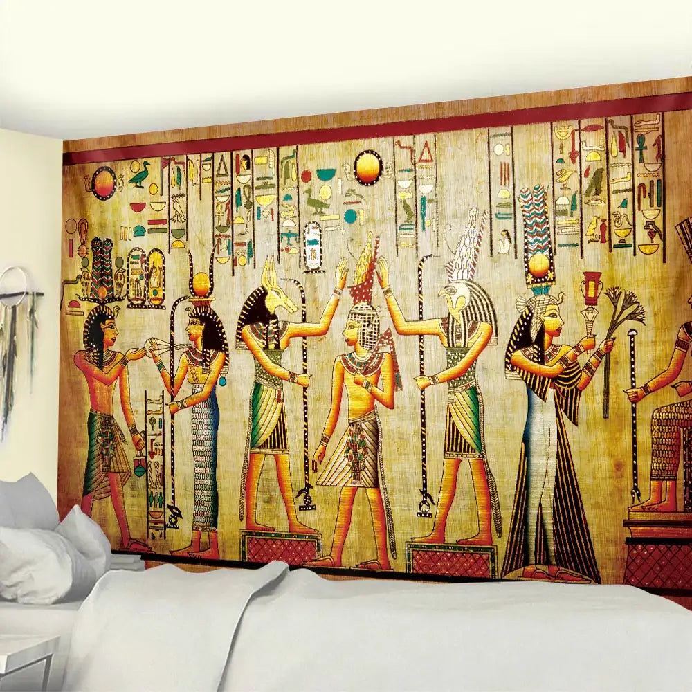 Egyptian psychedelic murals tapestry with vibrant green anubis and intricate hieroglyphic designs for bedroom wall decor