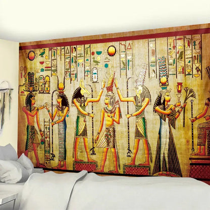 Egyptian psychedelic murals tapestry with vibrant green anubis and intricate hieroglyphic designs for bedroom wall decor