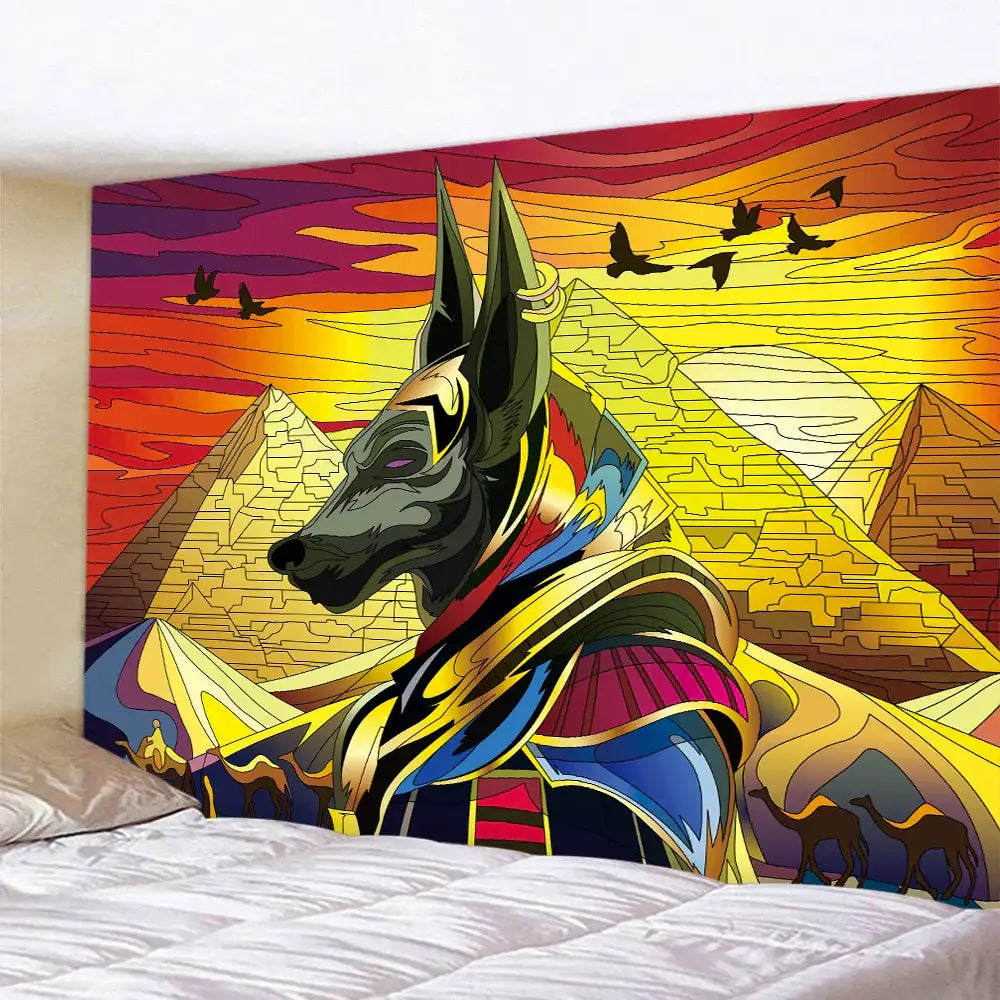 Vibrant egyptian psychedelic murals tapestry featuring green anubis with golden regalia against pyramids sunset backdrop