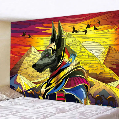 Vibrant egyptian psychedelic murals tapestry featuring green anubis with golden regalia against pyramids sunset backdrop