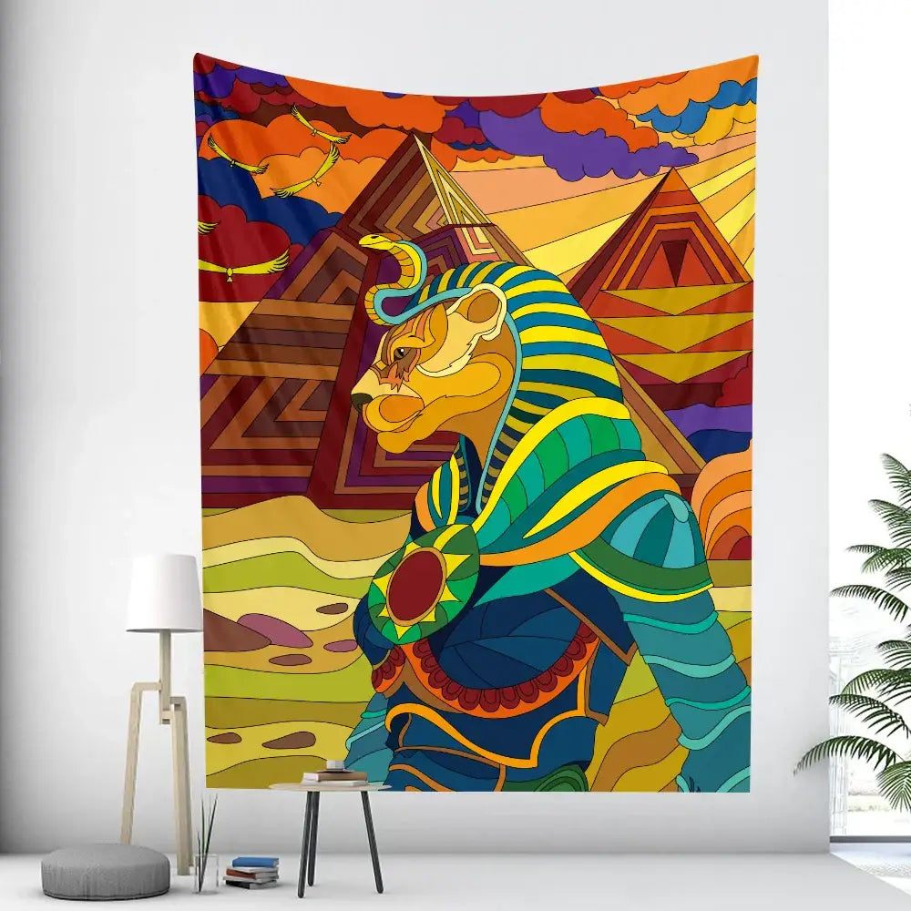 Vibrant egyptian psychedelic murals tapestry featuring a stylized lion in blue and gold with colorful pyramid backdrop