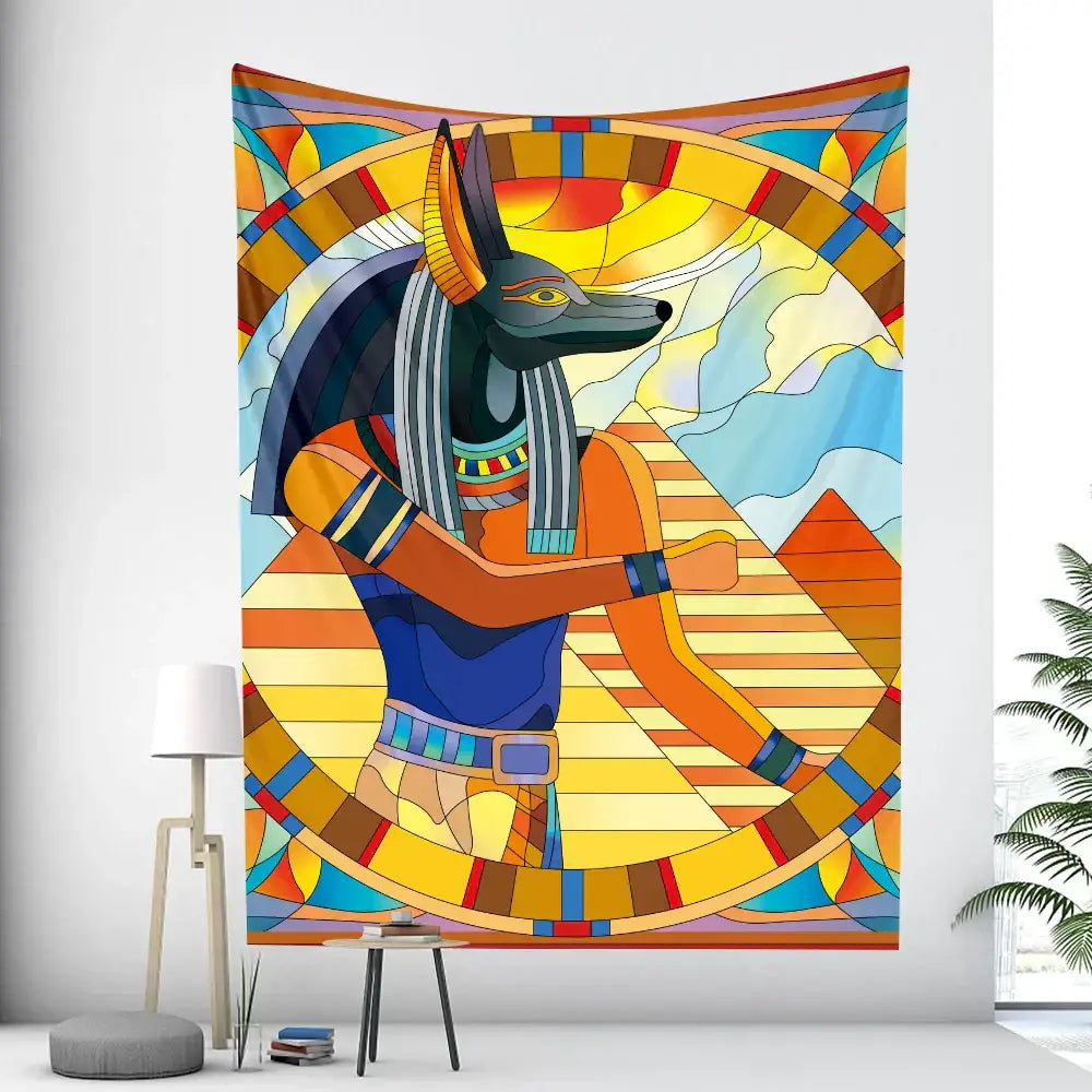 Vibrant egyptian psychedelic murals tapestry featuring anubis in bold blue orange and gold for bedroom wall decor