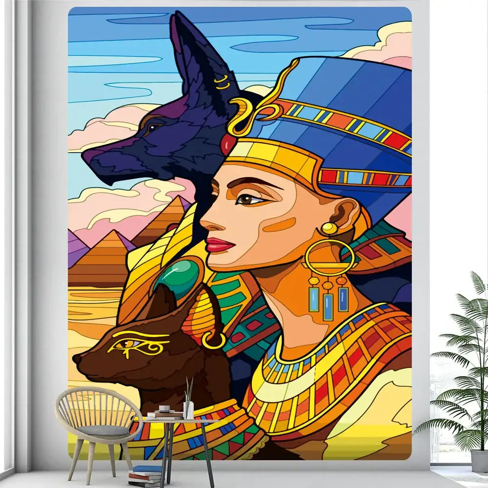 Vibrant green egyptian psychedelic murals tapestry featuring a regal woman with anubis figures for bedroom decor