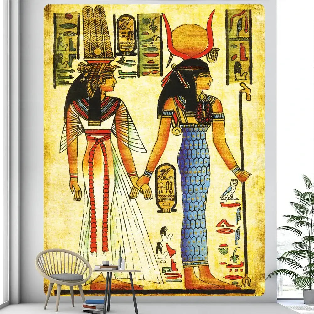 Egyptian psychedelic murals tapestry featuring green anubis and deities on aged yellow textured background for bedroom decor