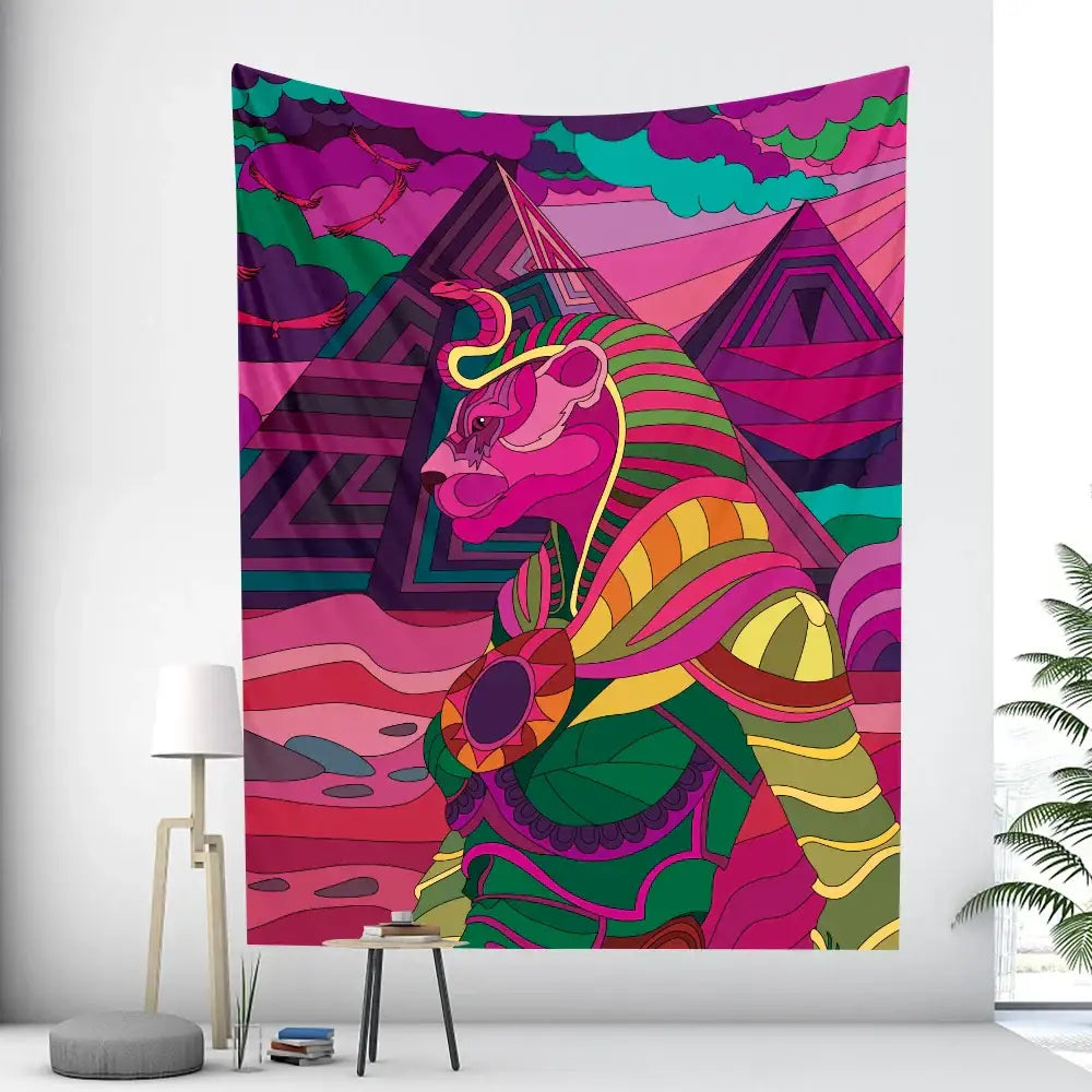 Vibrant psychedelic murals tapestry featuring a pink and green lion in egyptian attire with geometric pyramids background