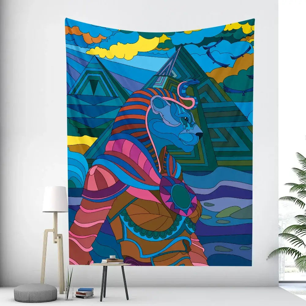 Vibrant egyptian psychedelic murals tapestry featuring a blue bear in ancient attire with bold pink orange teal hues