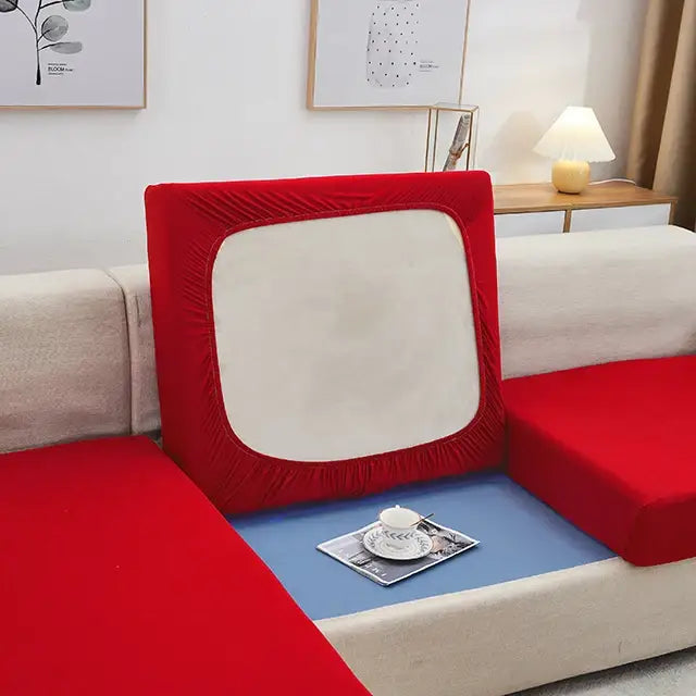 Red elastic sofa back cover with cream central panel made of stretch fabric for living room seat protection