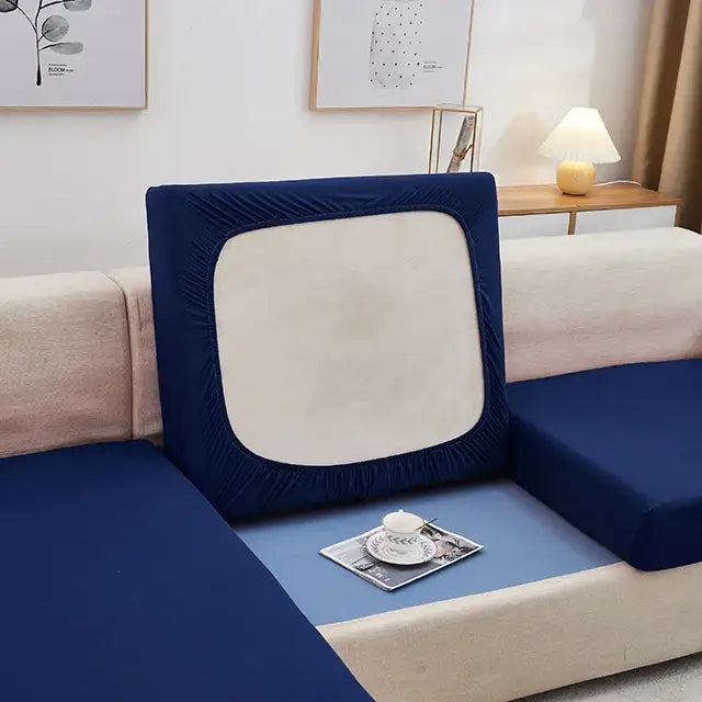 Navy blue elastic sofa back cover with cream central panel for elastic gray stretch sofa seat cushion protector