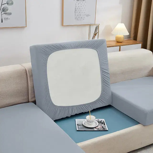 Elastic gray stretch sofa seat cushion cover with light blue elastic fabric and white central panel for living room protection