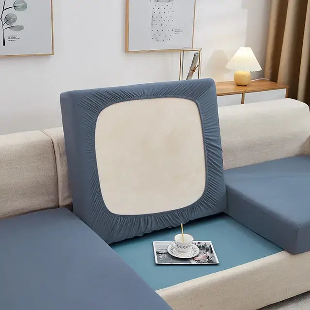 Blue elastic sofa back cover with cream central panel for gray stretch sofa seat cushion living room protector
