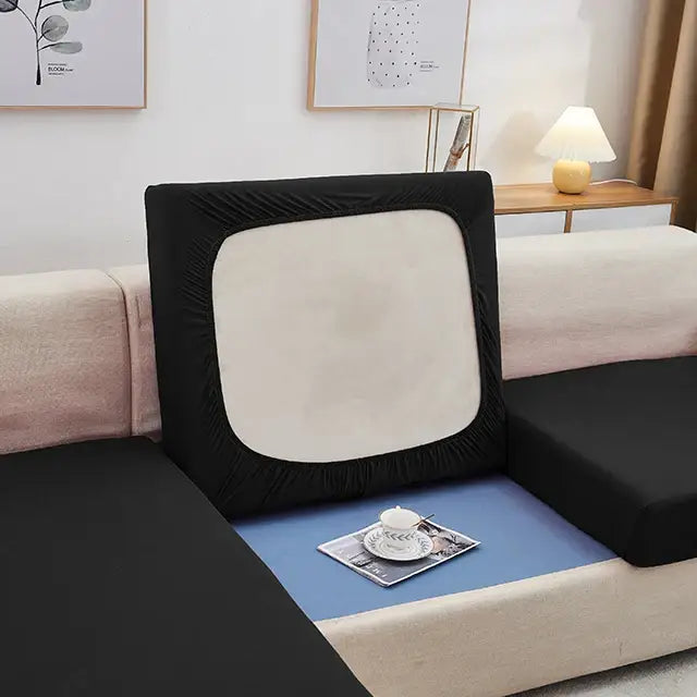 Black elastic sofa back cover with a cream central panel for gray stretch sofa seat cushion protector