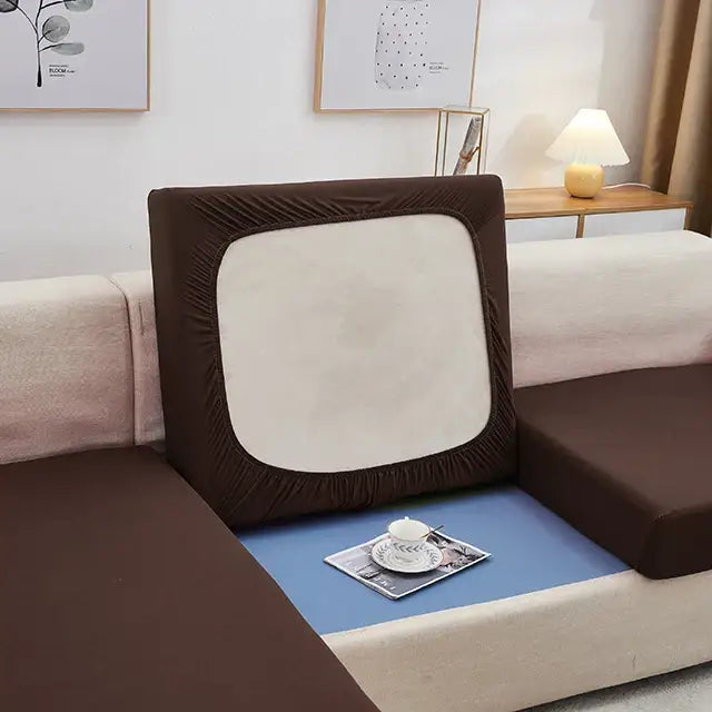 Brown elastic sofa back cushion cover with cream central panel for gray stretch sofa seat living room protector