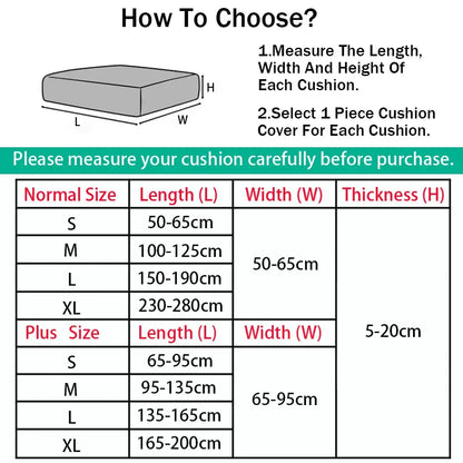 The cushion cover size chart displays measurements for various standard and plus sizes, including length (l), width (w), and thickness (h) in centimeters.