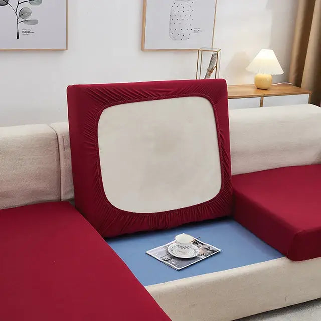 Red elastic sofa cushion cover with a cream-colored central panel for living room seat protection