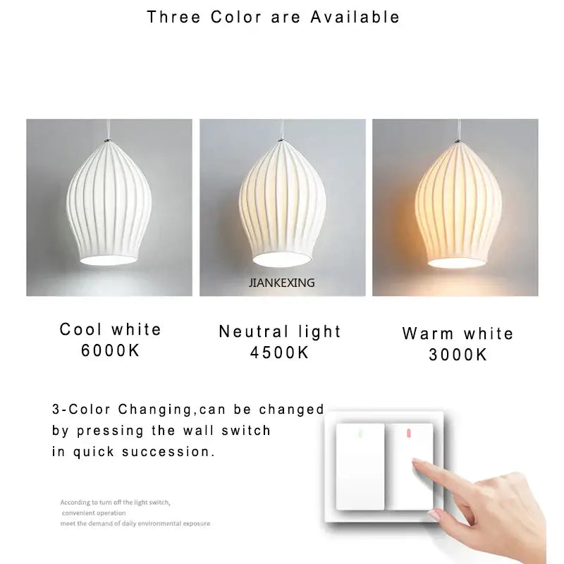 Elegance ribbed ceramic pendant lights in white with sleek finish available in cool white, neutral light, and warm white options