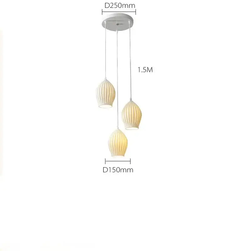 Modern white and gold elegance ribbed ceramic pendant lights with three vertically aligned lampshades for dining room