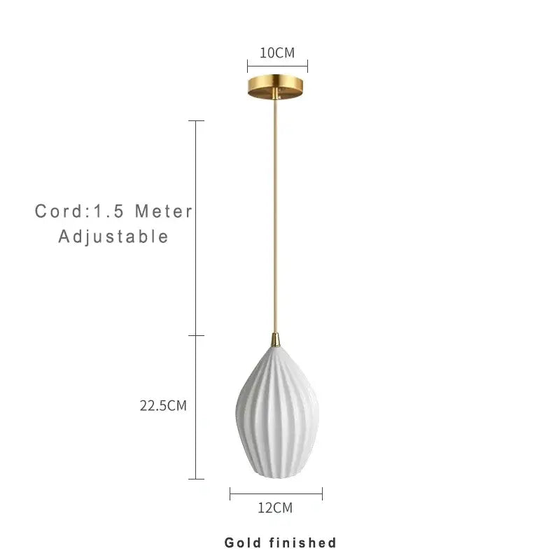 White elegance ribbed ceramic pendant lights with gold chain and ceiling mount for dining room lighting