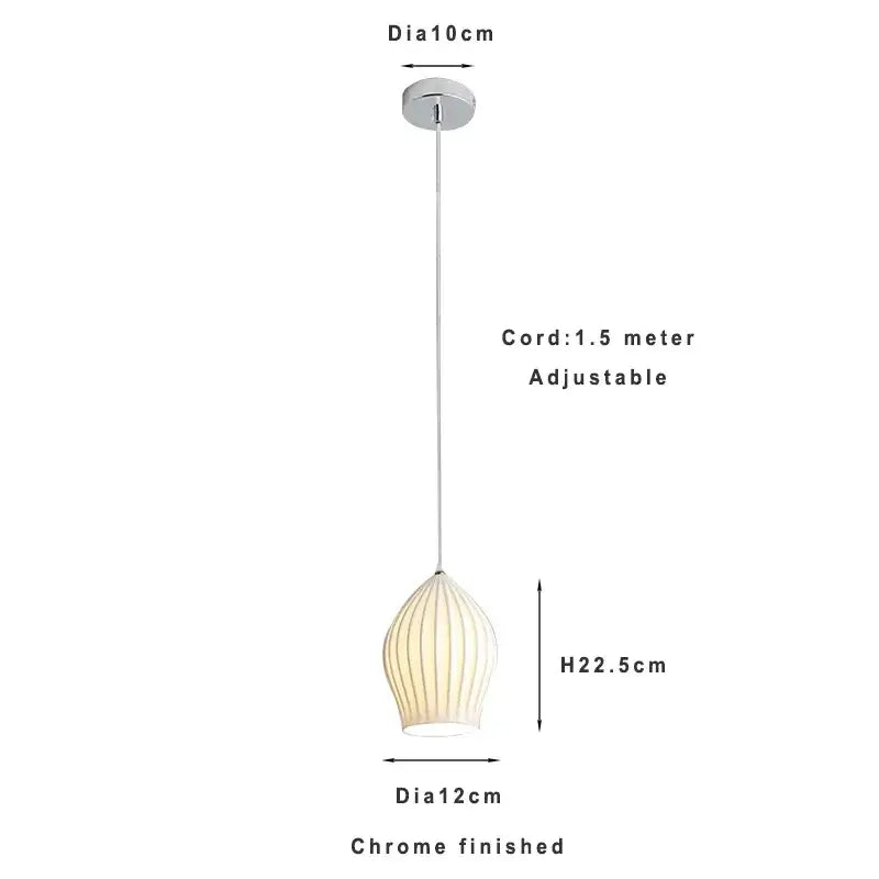 A modern elegance ribbed ceramic pendant light in white with chrome finish ideal for dining room lighting