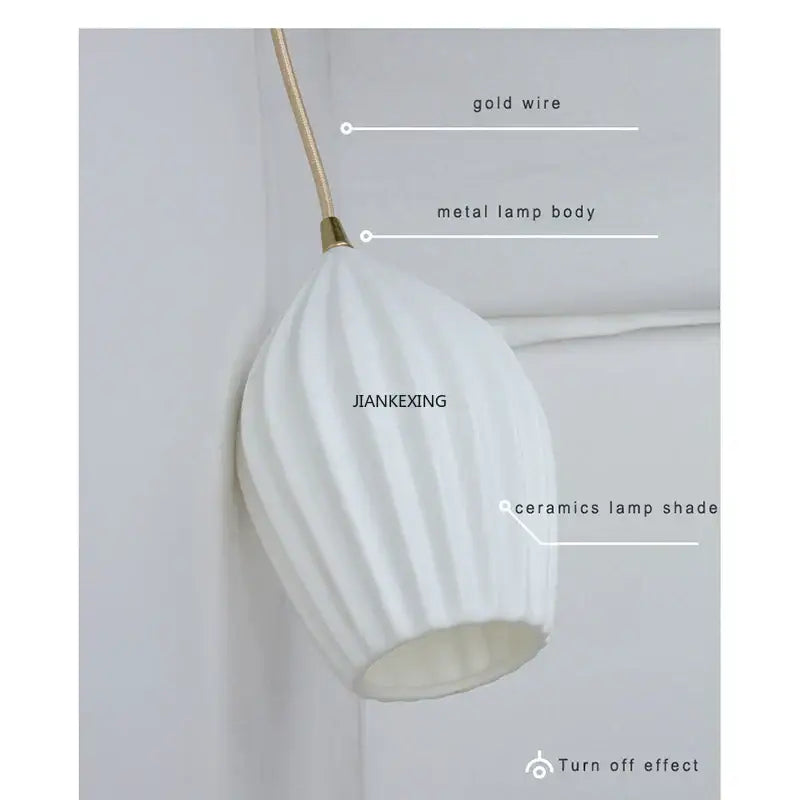 Elegance ribbed ceramic pendant light with white ribbed ceramic shade and gold wire metal body for dining room use