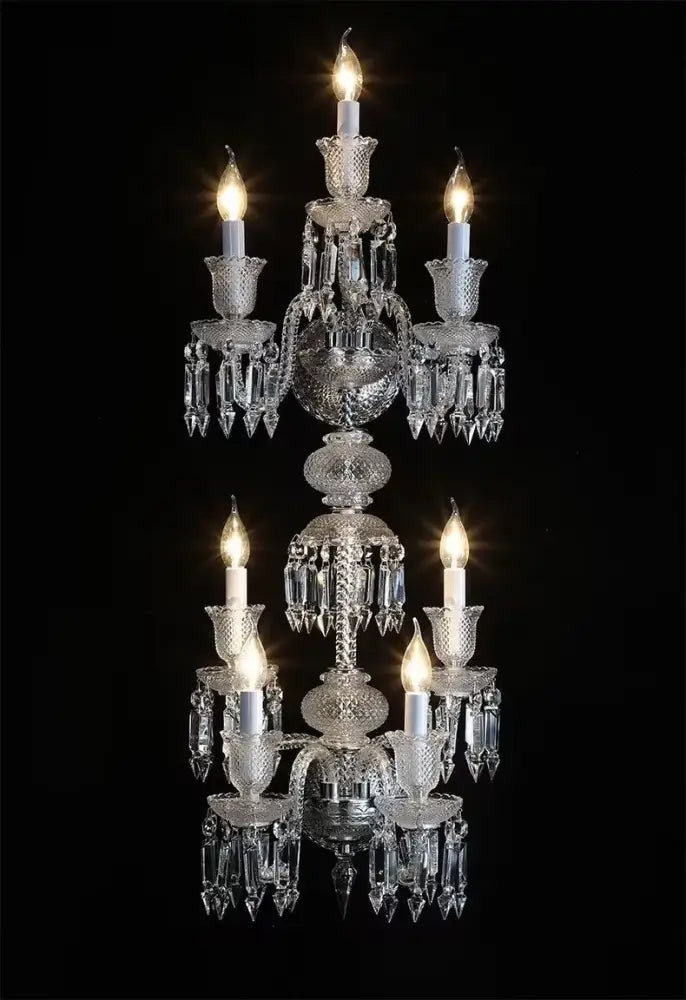 Elegant 5-light crystal wall lamp with intricate cut glass design and multiple tiers of crystal droplets for decorbites decor