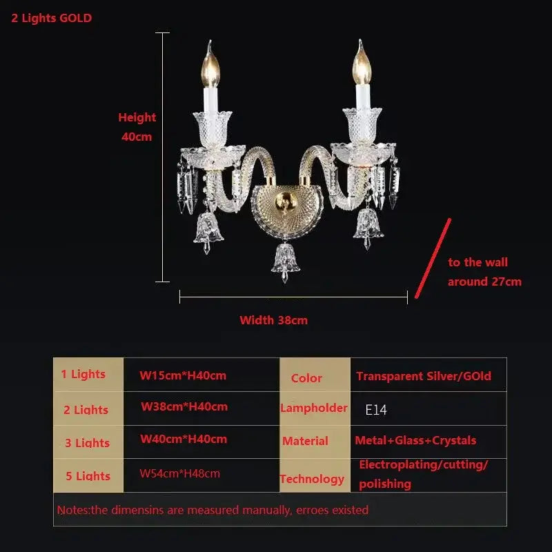 Elegant two-light wall lamp with gold metal frame, clear crystal accents, and bell-shaped glass for bedroom decorbites crystal wall use