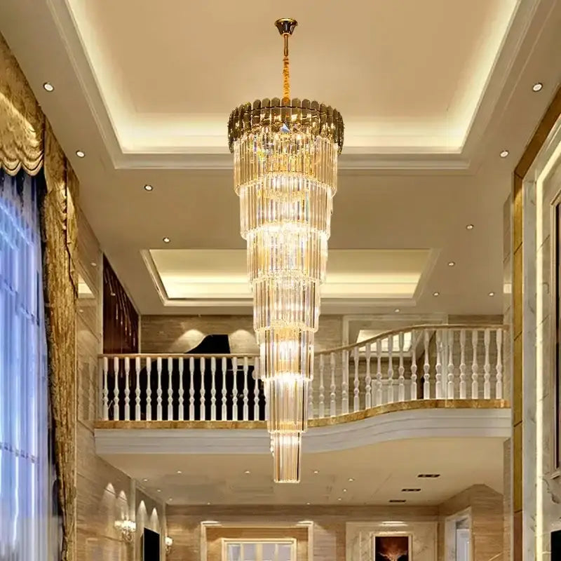 Elegant amber and clear crystal led pendant chandelier with gold frame by decorbites for dining room decor