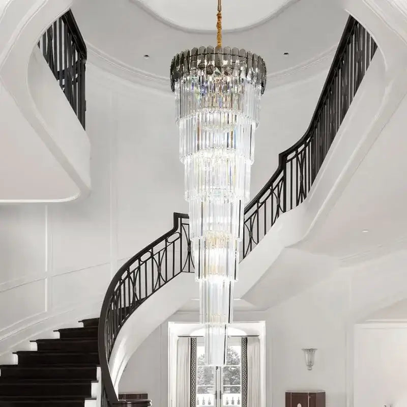 Elegant amber and clear crystal led pendant chandelier with cascading glass rods and gold chain for dining room decorbites crystal led