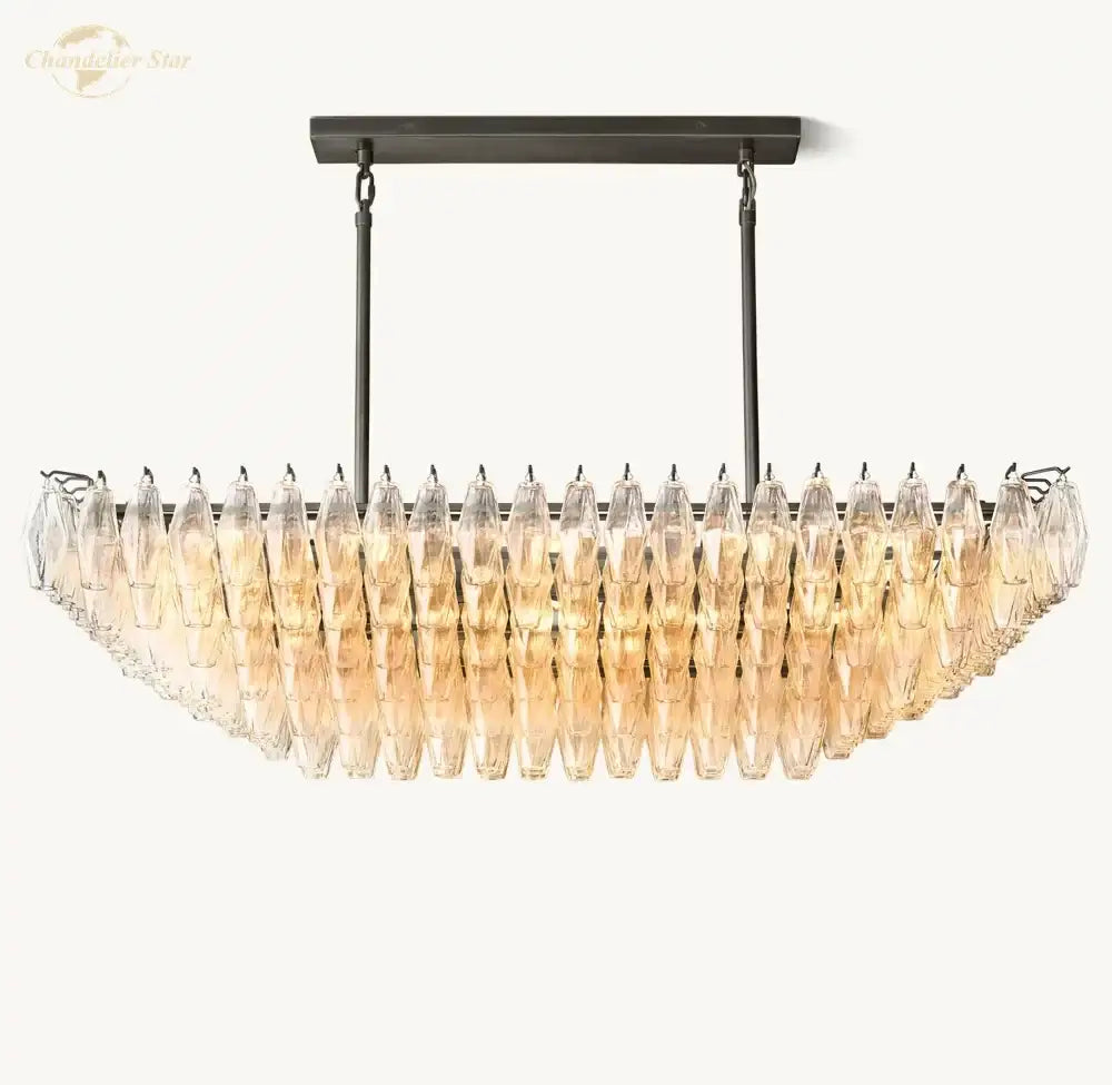 Elegant amber clear glass tiered chandelier with black metal frame and cascading amber-tinted clear glass crystals by decorbites