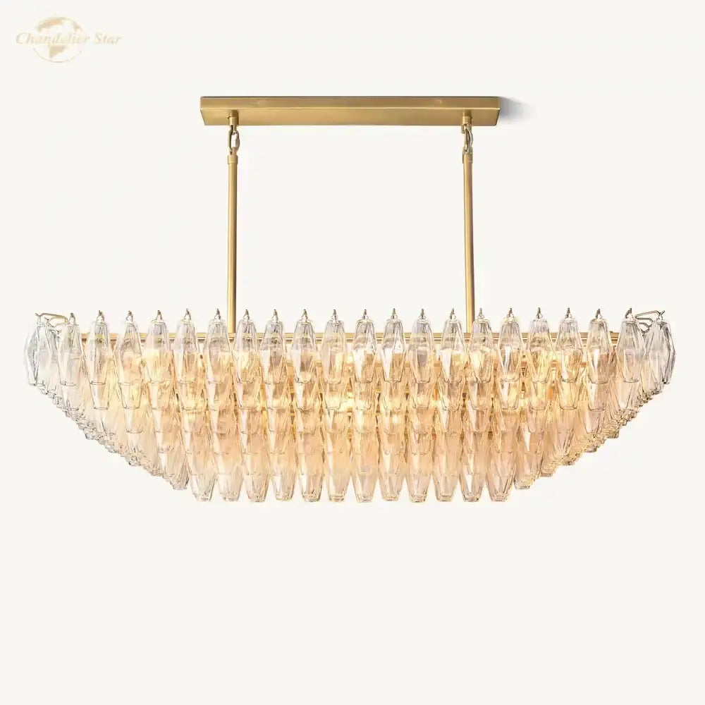Elegant amber clear glass tiered chandelier with gold-toned rectangular frame and cascading faceted crystals for dining room decorbites clear glass