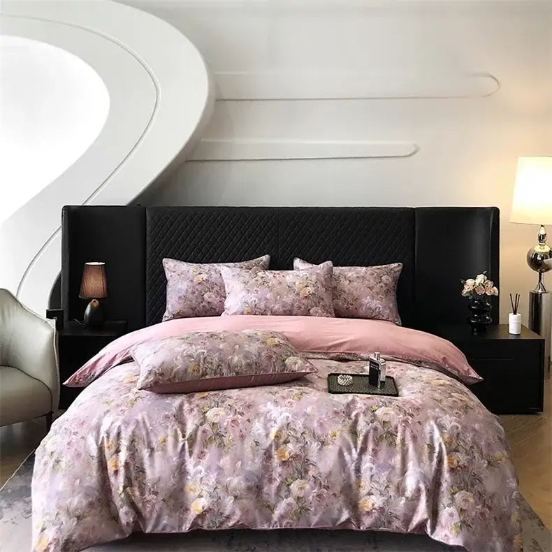 Elegant bird floral cream bedding set with delicate lavender and pink floral pattern in smooth colorful egyptian cotton