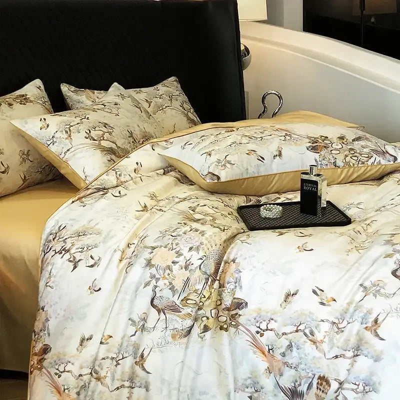Elegant cream satin bedding set with hand-painted peacocks floral design in decorbites colorful egyptian cotton