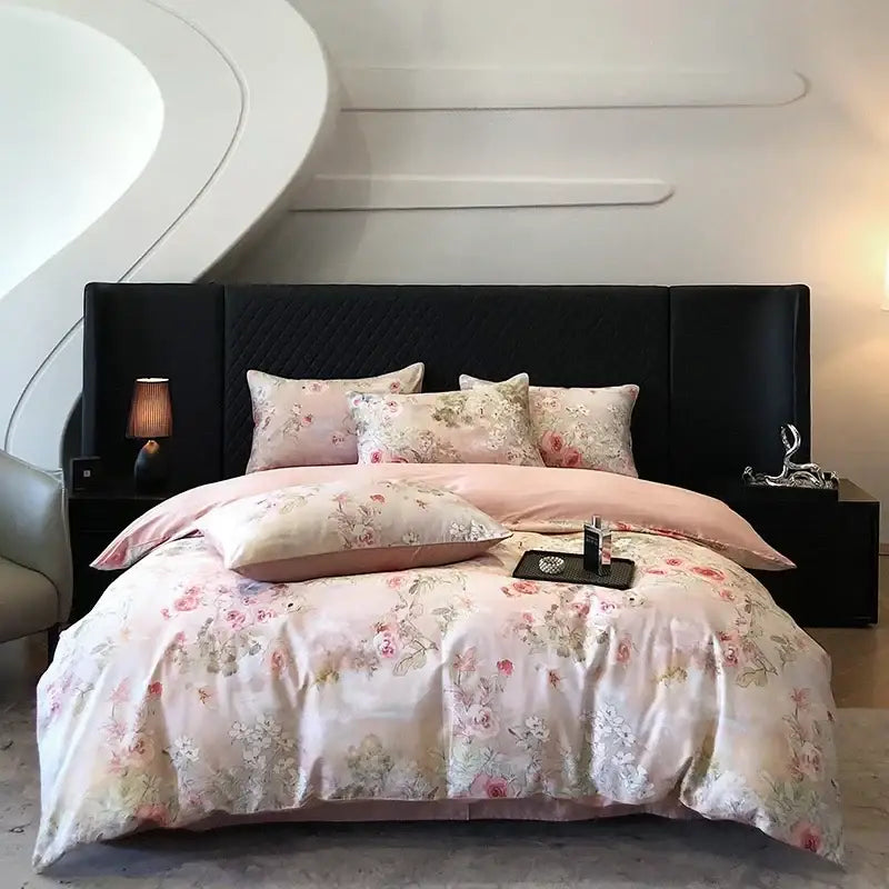 Pink floral satin bedding set with delicate rose and greenery patterns in decorbites colorful egyptian cotton design